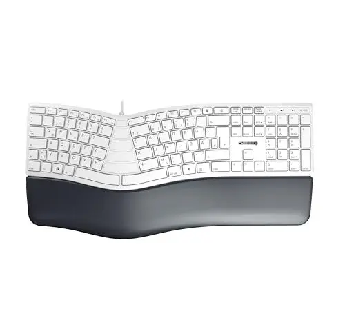 Produktbild: CHERRY KC 4500 ERGO, Ergonomische Tastatur, Deutsches Layout (QWERTZ), Kabelgebunden, Handballenauflage mit Memory-Schaum, Geschwungenes Tastenfeld, Weiß-Grau