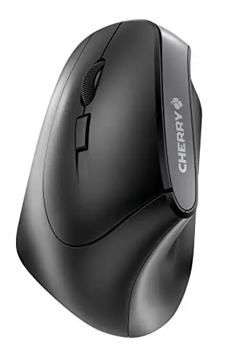 Produktbild: CHERRY MW 4500 LEFT, Ergonomische Vertikale Maus für Linkshänder, Kabellos (2,4 GHz Funk), 3-stufig regelbare Auflösung bis 1200 dpi, Batteriebetrieben, Schwarz
