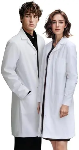 Produktbild: Cherry Monk Unisex Laborkittel für Damen & Herren – Klassischer Schnitt, Druckknopfverschluss, Brust- & Hüfttaschen, Weiß