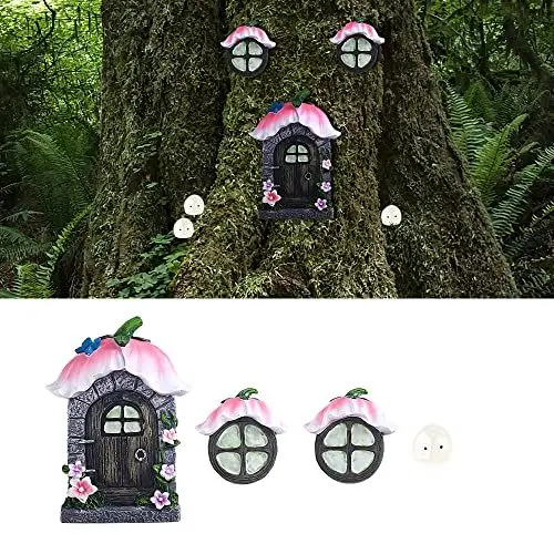 Produktbild: CHEVVY Miniatur Fee Garten Tür Kunstharz-Materialien Fairy Door Set Garten Kunst Skulptur Statuen Mini leuchtenden Baum Garten Tür mit 10 im Dunkeln Leuchtenden Sprites und Passenden Schrauben