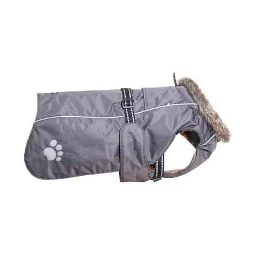 Produktbild: Chiara Hundemantel mit Hundegeschirr (Hundebekleidung mit Fleece und Kunstfellkragen, warmer Hunde Mantel, Reflektionsstreifen an Rücken und Gurt, anpassbar, Gr. 3 XL), Farbe: Grau