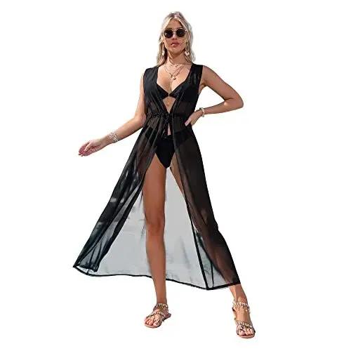 Produktbild: CHIC Diary Bikini Strandkleid Cover Up Boho Ärmellos Maxi Strandtunika Chiffon Strandponcho Schwarz Kimono Beachwear Damen
