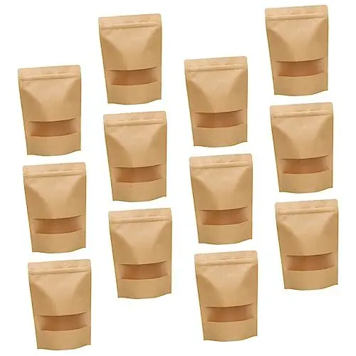 Produktbild: CHICAMPERA 50 Stück Kraftpapier Standbeutel mit Fenster Wiederverwendbare Lebensmittelverpackung für Tee Snacks und Obst für Küchen und Kühlschranklagerung