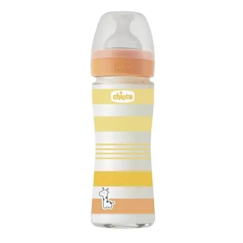 Produktbild: CHICCO BABYFLÄSCHCHEN WELL-BEING GLAS, 240 ML, NORMALER FLUSS, 0M+ SILIKON, GELB