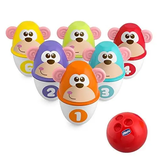 Produktbild: Chicco Monkey Strike Kids Bowling Set - Kegelspiel für Kinder mit 6 trennbaren Pins, stapelbar in 12 Teile, inklusive Kunststoffball - Kegelspielzeug, Geschenke für Kinder von 18 Monaten bis 8 Jahren