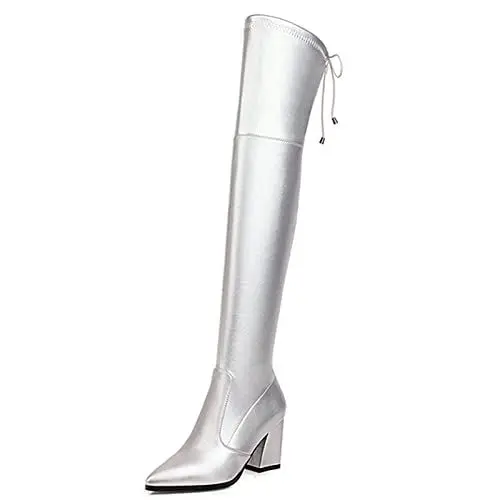 Produktbild: CHICMARK Damen über Kniehohe Stiefel mit Blockabsatz (Silber, 44 EU)