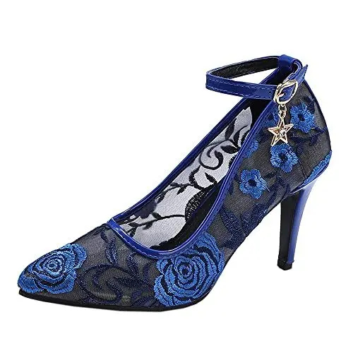 Produktbild: CHICMARK Lässige Pumps mit Knöchelriemen für Damen mit Spitzer Zehenpartie und Stilettos Business-Schuhe mit Absätzen für OL (Blau, 45)
