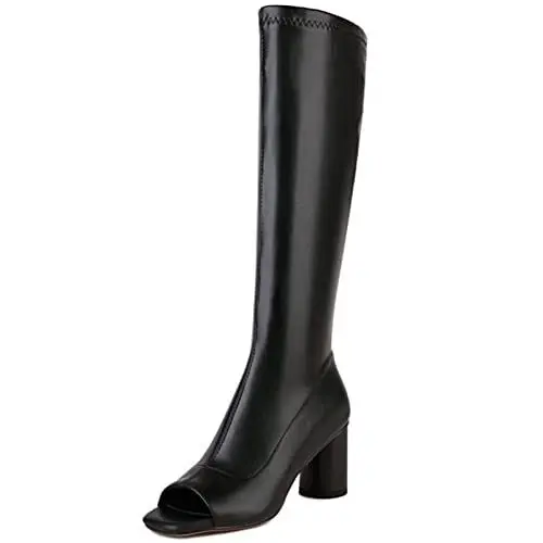 Produktbild: CHICMARK Stilvolle Kniehohe Peep-Toe-Stiefel für Damen mit Seitlichen Reißverschlüssen und Blockabsatz für Partys (Pu Schwarz 7CM, 44)