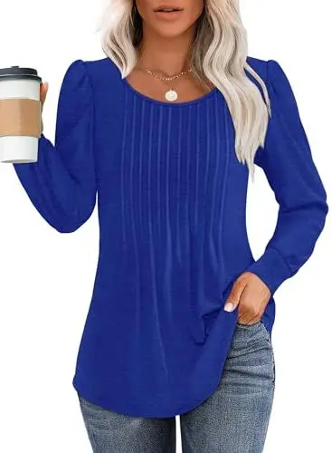 Produktbild: Chicrise Bluse Für Damen Elegant Rundhals Falten Basic Shirt Lang Damen Puffärmel Casual Oberteile Blau Mittel 38-40 M