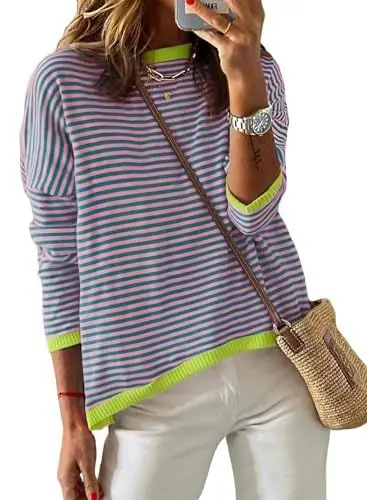 Produktbild: Chicrise Sweatshirt Damen Striped Langarmshirt Gestrickt Rund Ausschnitt Oberteile Leichte Rot-Grün Gestreift Klein 34-36