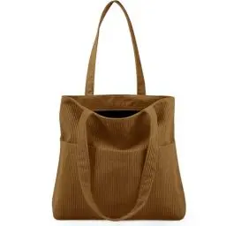 Produktbild: ChicVessel Handtasche Damen Shopper große Kapazität Umhängetaschen Schultertasche mit Reißverschluss Tote Bag Cord Tasche Einkaufstasche für Schule Arbeit Reisen täglichen Gebrauch (Braun)