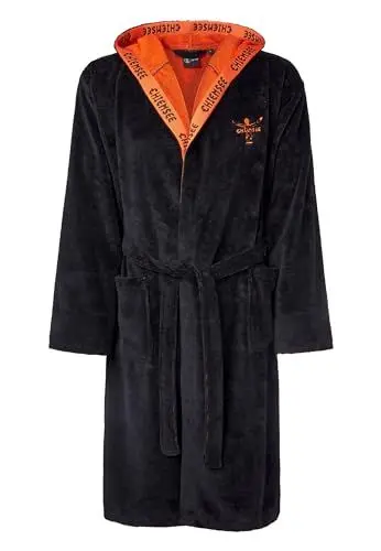 Produktbild: Chiemsee Bademantel Nazare für Herren aus kuschelweichem Velours und saugstarkem Frottier, Farbe:Schwarz und Orange, Größe:S