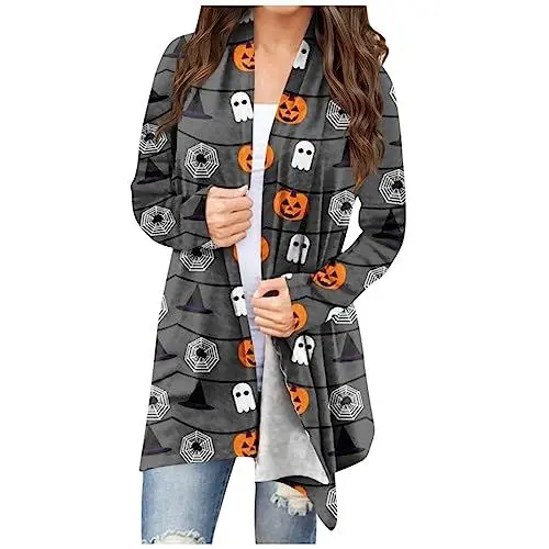 Produktbild: Chiffon Cardigan Cardigan Damen Polyester Swing Modische Cardigan Rundhals Cartoon Taillierte Hallowee Longtops Frauenkleidern Datum Warme Longsleeve Grau