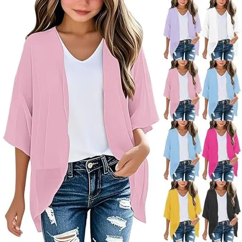 Produktbild: Chiffon Strickjacke Mädchen Lang 3/4 Ärmel Leicht Strand Cover up Kinder Cardigan Bluse Langarm Oberteil Rashguard Atmungsaktiv Top Einfarbig (Pink, 11-12 Years)