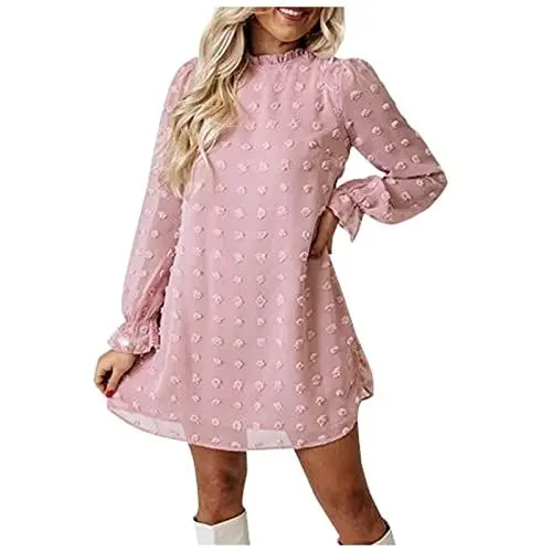 Produktbild: Chiffonkleid Damen Kurz Rüschen Winterkleid Damen A Linie Langarm Kleid Damen Elegant Einfarbig Punkte Cocktailkleid Damen Puffärmel Pulloverkleid Damen Festliche Partykleid Damen Schöne