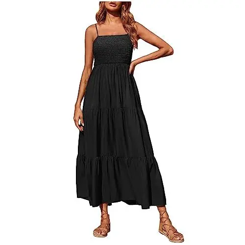 Produktbild: Chiffonkleid Damen Wadenlang Träger Maxikleid Damen Sommer Schulterfrei Ärmellos Gesmoktes Kleid A Linie Einfarbig Luftig Kleider Damen Sommer Leicht Plissee Trägerkleid Damen Elegant Locker