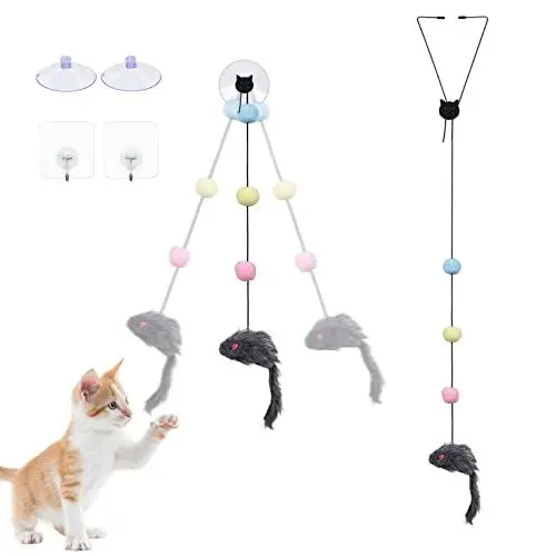 Produktbild: CHIFOOM 2 Stück Interaktives Katzenspielzeug Selbstbeschäftigung Katzen Spielzeug türrahmen Hängende Elastische Maus Katze beschäftigung Hüpfendes Mäusespielzeug für Training Katzenauslauf