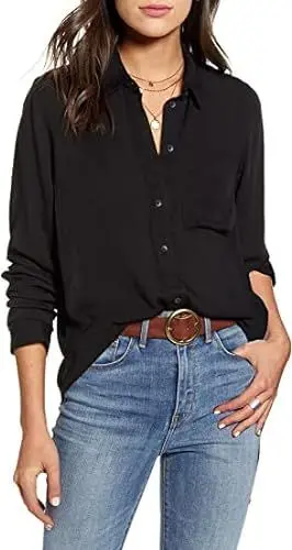 Produktbild: Chigant Damen Bluse V-Ausschnitt Lange Ärmel Hemdbluse Knöpfen Tunika Elegant mit Brusttaschen Business Einfarbig Oberteile Schwarz XL
