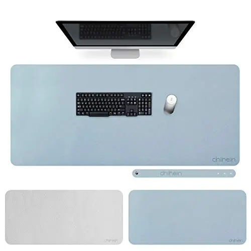 Produktbild: CHIHEIN (135x60cm) Premium Qualität Schreibtischunterlage PU Leder - Tischunterlage - Große Schreibunterlage - Mauspad XXL - wasserdichte ​Desk Mat (Hellblau|Silber)