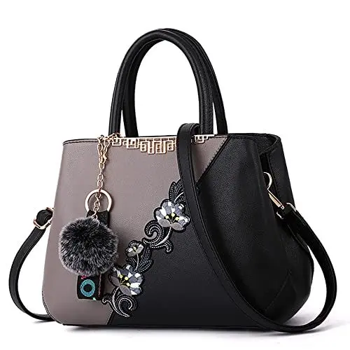 Produktbild: Chikencall Damen Handtasche Bestickte Tasche mit Blumendruck und Griff Oben Umhängetasche aus PU-Leder Geldbeutel Work Shopper Umhängetasche Schultertasche mit Haarballen-Anhänger