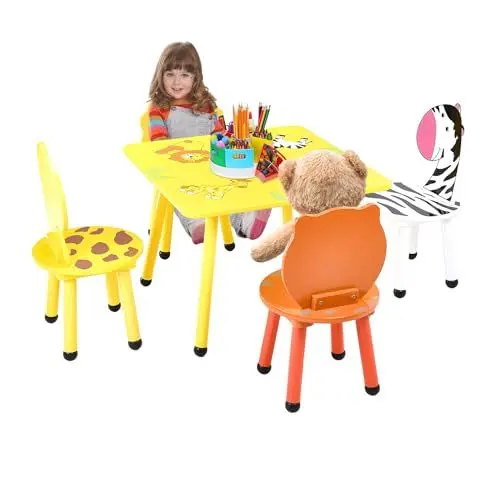 Produktbild: Childlike Behavior Kindertisch - Kindersitzgruppe Gelb Orange Weiß Holz mit Tierdesign - Kindertisch mit Stühlen - Geeignet für Spielen Malen Lesen Essen, und Innenbereich Klassenzimmer - 60x60x43 cm