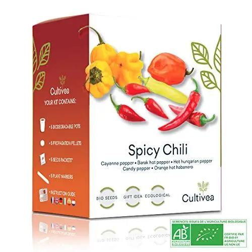 Produktbild: Chili Anzuchtset - 100% BIO Samen - Garten und genießen - Geschenkidee (Cayenne-Chili, Barak-Chilli, ungarischer Pfeffer, Kandis-Pfeffer, Hot Habanero Chili) - Scharf & Mild - CULTIVEA®