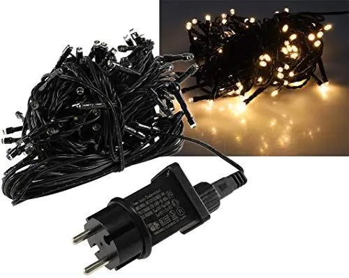 Produktbild: ChiliTec LED Lichterkette Aussen 10 Meter mit 100 LEDs Schwarzes Kabel Spritzwassergeschützt IP44 Beleuchtung Garten Haus Balkon Terrasse Warmweiß