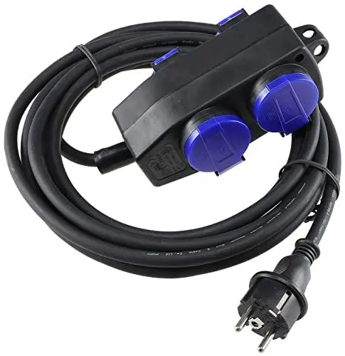 Produktbild: ChiliTec Verlängerungskabel 5m Kabel 4fach Steckdose IP44 Aussen 4 Schutzkontakt-Steckdosen mit Klappdeckel H07RN-F 3G1,5mm² Gummikabel Öse zum Hängen Schwarz