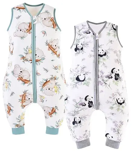 Produktbild: Chilsuessy Baby Schlafsack mit Füße 2er Pack 2.5 Tog Ganzjahres Schlafsack Baby Schlafsäcke ohne Ärmeln Babyschlafsack mit Beinen für Säugling Kinder, Koala + Panda, 100cm/Baby Höhe 110-120cm