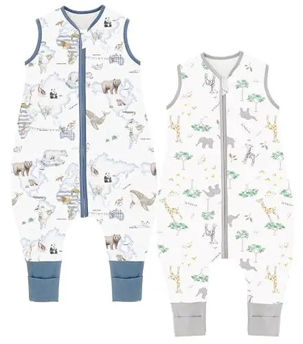 Produktbild: Chilsuessy Baby Schlafsack mit Füßen 2er Pack 1.5 Tog Kinder Ganzjahres Schlafsack 100% Baumwolle Baby Schlafsack mit Beinen, 1.5 Tog/Giraffenwald + Tierkarte, 80cm/Baby Höhe 85-95cm