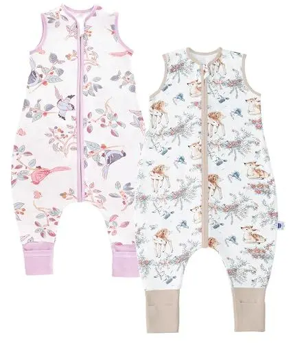 Produktbild: Chilsuessy Baby Schlafsack mit Füßen 2er Pack 1.5 Tog Kinder Ganzjahres Schlafsack 100% Baumwolle Baby Schlafsack mit Beinen, 1.5 Tog/Sika-Hirsch + Schöne Elster, 80cm/Baby Höhe 85-95cm