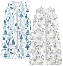 Produktbild: Chilsuessy Sommerschlafsack 2 Stücke Baby Schlafsack Sommer Schlafsack 0.5 Tog 100% Baumwolle Babyschlafsack Ärmellos für Neugeborene, Ozean + Wald, 67cm/0-6 Monate