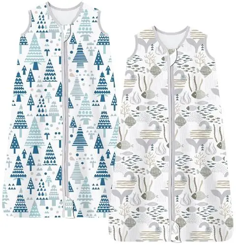 Produktbild: Chilsuessy Sommerschlafsack 2 Stücke Baby Schlafsack Sommer Schlafsack 0.5 Tog 100% Baumwolle Babyschlafsack Ärmellos für Neugeborene, Ozean + Wald, 67cm/0-6 Monate