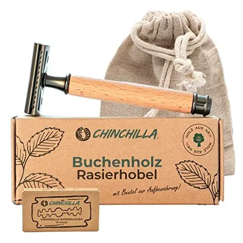 Produktbild: Chinchilla® Rasierhobel Buchenholz Made in Germany | nachhaltiger Nassrasierer für Damen & Herren | inkl. 10 Rasierklingen & Beutel | Zero Waste & plastikfrei