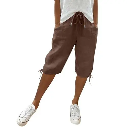 Produktbild: Chino Hose Damen,Knielange Hosen Damen,Sommer Einfarbig Knielang Kurze Hosen Leicht Und Luftig Leinenhose Locker Strandhose Mit Kordelzug Casual Pants Hohe Taille Bequeme Freizeithose,braun,XXL