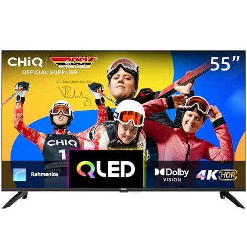 Produktbild: CHIQ Intelligenter TV U55QH7C, 55 Zoll, 4K QLED, Dolby Vision HDR10, rahmenloses Design, funktioniert mit Alexa, Netflix, Prime Video, Google Play, BT5.0, HDMI2.0, USB2.0, Schwarz 2023