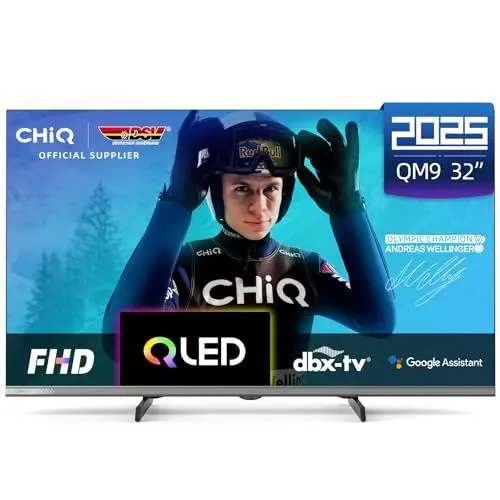 Produktbild: CHIQ Fernseher 32 Zoll FHD, QLED, HDR10, Google TV, Dolby Audio, DBX-TV, Triple Tuner, WLAN, 2.4G/5G, Google Assistant, Schwarz, 2025