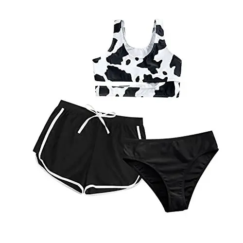 Produktbild: CHISHAYA Badeanzug Mädchen Bikini 3 Teilig Mädchen Bikini Teenager Set mit Shorts Bademode Kuh Druck Hawaii Strandbekleidung Badeanzug Dreiteilig für Kinder Strand Wassersport Bikini Set