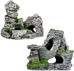 Produktbild: CHJIEJIE 2pcs Aquarium Rock Cave Dekoration mit Grün Gras für Fische Garnelen Verstecken Aquarium Dekoration Harz Aquarium Zubehör,Aquarium Harz Höhle Mountain View， 11 x 9 x 11 cm, 10 x 5,5 x 10 cm.