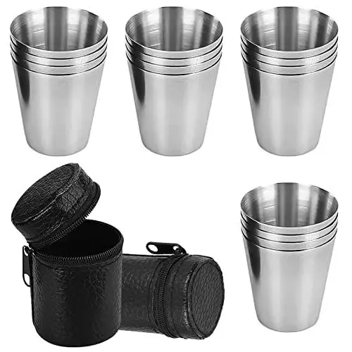 Produktbild: CHJIEJIE 12 Stück Edelstahlbecher,Klein Edelstahl Becher Tragbar Metallbecher Stapelbare Trinkbecher Edelstahlbecher mit 3 Lederetui mit Reißverschluss für Camping,Picknick,Wandern(30ml)