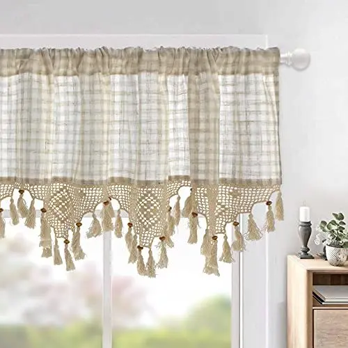 Produktbild: choicehot Handgehäkeltes-Scheibengardine-mit-Quasten Landhausstil Bistrogardine Baumwolle Leinen Kurzgardine Blickdicht Vorhänge Beige Fenstervorhang für Wohnzimmer Schlafzimmer 1 Stück 70×180cm
