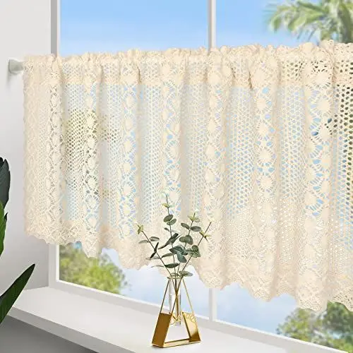 Produktbild: choicehot Beige-häkeln-Scheibengardine mit Quasten Unifarbige Küchenvorhang Baumwolle und Leinen Bistrogardine Landhaus Gardine Baumwolle und Leinen Kurzvorhang1 Stück, 45x150cm