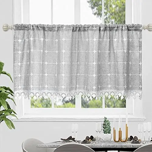 Produktbild: choicehot Bistrogardine Kurzgardinen Küche Baumwolle-Leinen mit Quasten - Privatsphäre Schachbrettartig Vorhang Grau Scheibengardinen Fensterschal Cafe, 60x140cm