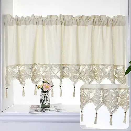 Produktbild: choicehot Häkelgardinen Kurzgardinen Leinen 30cm Hoch - Bistrogardine Landhausstil Scheibengardine mit Quaste Gardine für Küche Beige 30cm x150cm