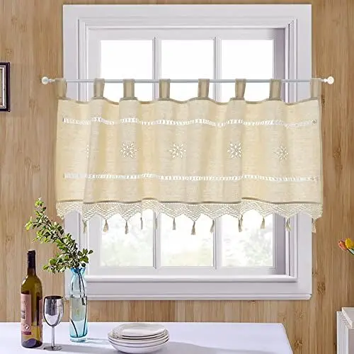 Produktbild: choicehot Kurzgardinen Landhausstil Scheibengardine Leinen Bistrogardine - 40 cm Hoch Gardinen Gehäkelter Hohler Beige Fenstergardinen mit Quaste 1 Stück,40x150cm(HxB)