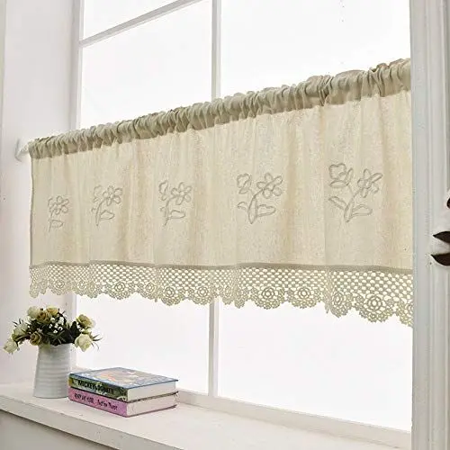 Produktbild: choicehot Spitze Bistrogardine Küche Vorhang Handgemachte Gestickte Blume Baumwolle Leinen Kurzgardine, Hohle Häkeln Scheibengardin Cafe Vorhang, 60 x 145cm (HxB)