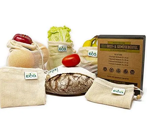 Produktbild: ChooseEco 6 Stück Obst- und Gemüsebeutel – 100% Bio-Baumwolle – mit Gewichtsangabe – robustes Einkaufsnetz wiederverwendbar – ohne Kunststoff, natürlich, natürlich, traditionell, natürlich,