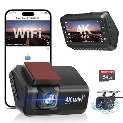 Produktbild: CHORTAU Dashcam Auto Vorne Hinten 4K+1080P, WiFi Dash Cam 3 Zoll LCD Anzeige mit 64GB SD Karte, Dual Auto Kamera mit APP Steuerung, Super Nachtsicht, WDR, G-Sensor, Loop-Aufnahme, Parküberwachung