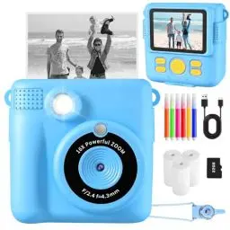 Produktbild: CHRERNA KinderKamera, Sofortbildkamera Kinder Geschenke für 3-12 Jahre Jungen und mädchen,1080P HD 2.4 Zoll Video Kinder Kamera mit 32GB TF Karte,3 Rollen Druckpapier,5 Farbigen Stifte (Blau)