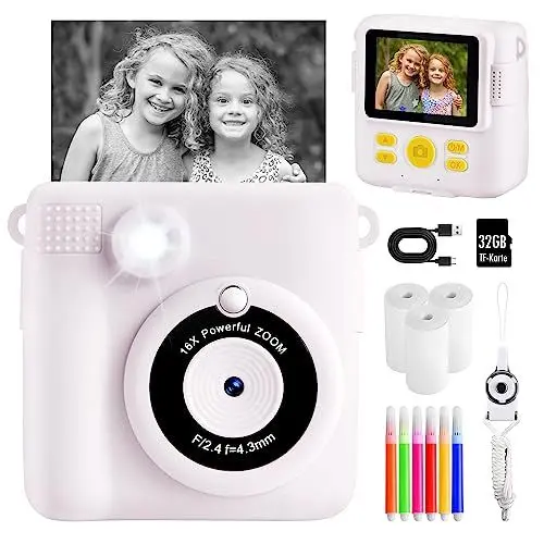 Produktbild: CHRERNA Kinderkamera Sofortbildkamera,1080P 2.4 Zoll Bildschirm Digitalkamera Kinder mit 32GB TF Karte,Druckpapier, Farbige Stifte,Geschenk für 3-12 Jahre Jungen und mädchen